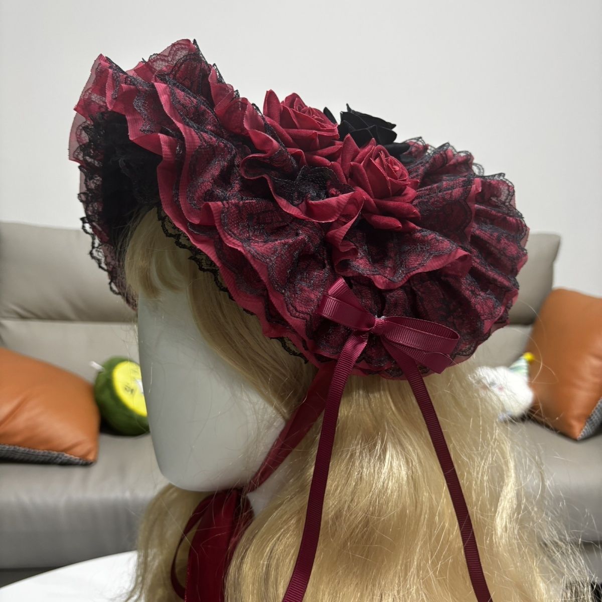 Women'S Victorian Era Accessories - Original Gothic Bonnet Hat Black Red